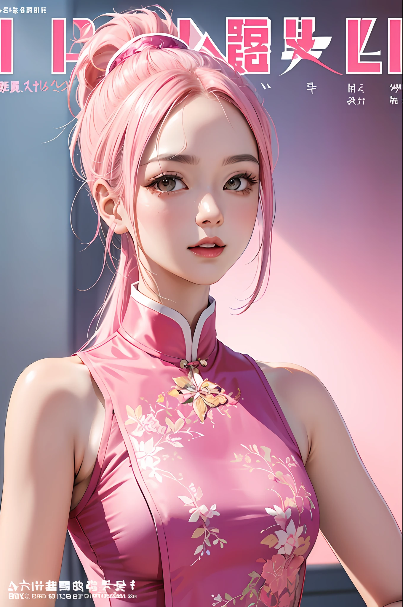 masterpiece, top quality, sleeveless, pink china clothes, pink hair, ponytail, magazine cover, upper body,