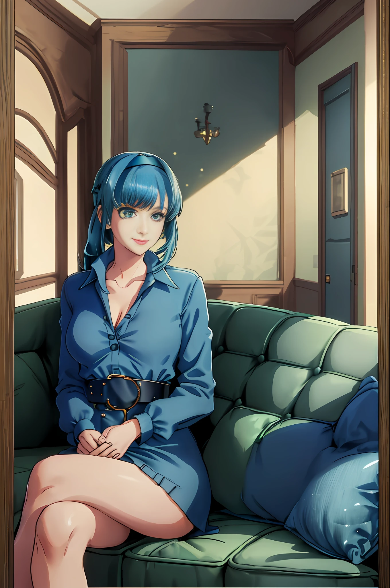 1woman, solo, masterpiece, best quality, highres, blue hair, gradient hair, green hair, blue clothing, deep blue clothing, velvet room attendant outfit, smile, asymmetrical hair, headband, brown belt, medium breasts, slim waist, thick thighs, cleavage, seated, dark blue sofa, legs crossed, beautiful, sitting down