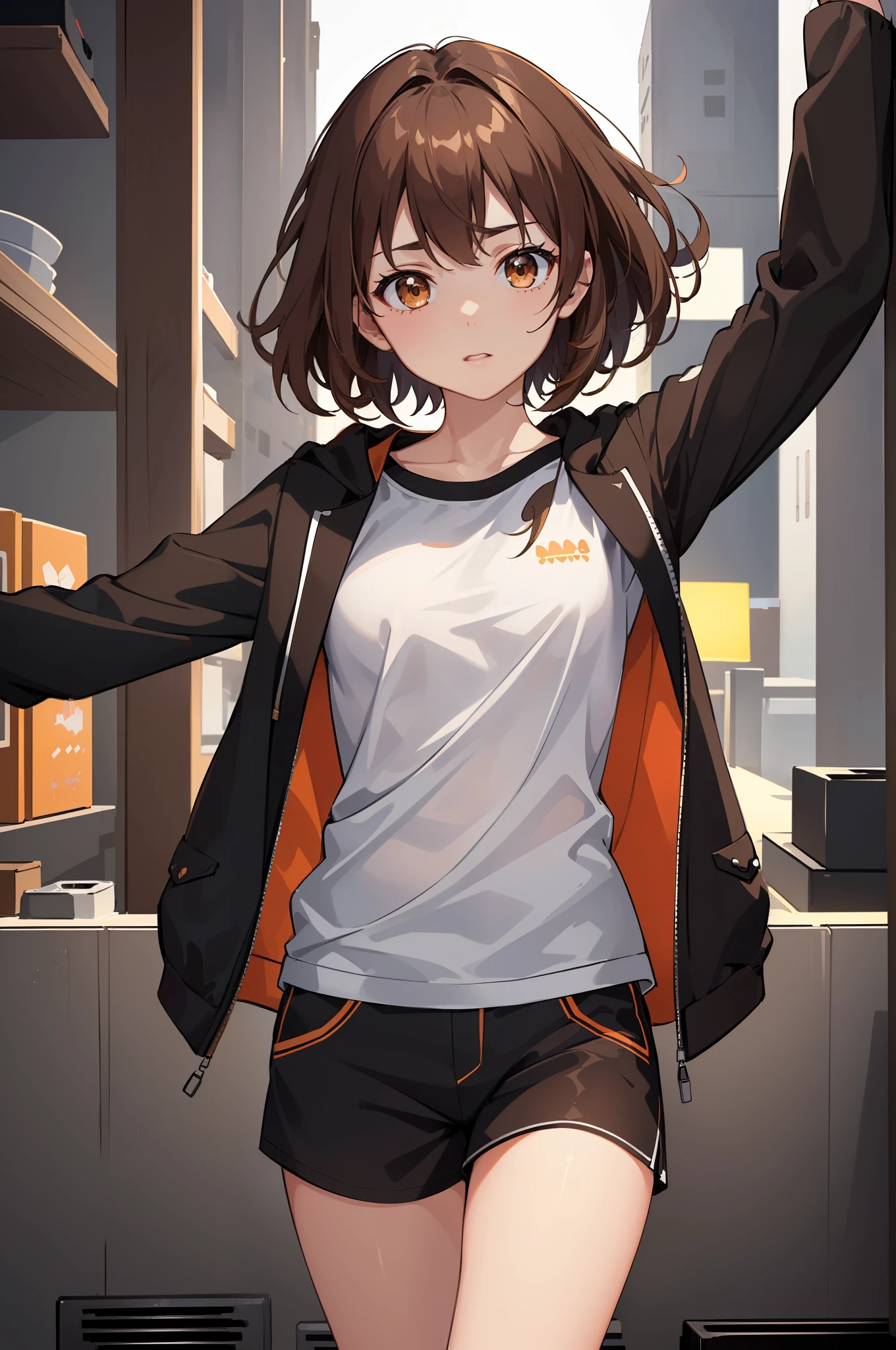 (extremely detailed CG unity 8k wallpaper,masterpiece, best quality, ultra-detailed),(best illumination, best shadow, an extremely delicate and beautiful),floating,high saturation,

[(1girl),((brown short hair):(brown hair:1.3)|(black hair:0.8)),orange bright eyes, white undershirt with logo on left chest,shorts and hoodie,dynamic pose,wide shot]:0.6