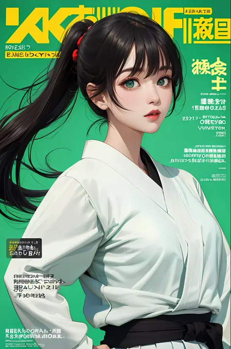 magazine cover, masterpiece, best quality, black hair, Japan person, magazine cover, upper body, green eyes, karateki, women