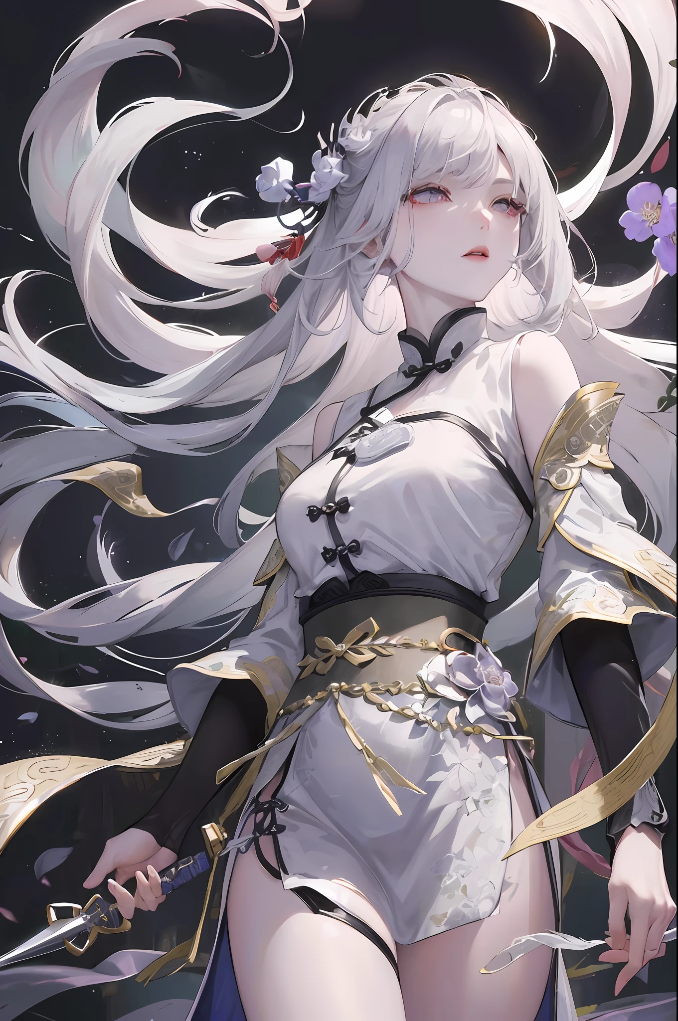 Masterpiece, Best, Night, Full Moon, 1 Female, Mature Woman, Chinese Style, Ancient China, Elder Sister, Royal Sister, Cold Face, Expressionless, Silver White Long Haired Woman, Pale Pink Lips, Calm, Intellectual, Three Belts, Gray Hitomi, assassin, dagger, flower ball background, street view