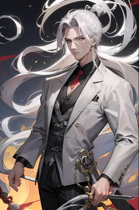 Masterpiece, Superb Style, Night, Full Moon, 1 Man, Mature Man, Chinese Style, Ancient China, Handsome Guy, Pectoral Muscles, Cold Face, Expressionless Face, Silver-White Long-Haired Man, Calm, Intellectual, Three Bands, Gray Eyes, Assassin, Short Knife, F...
