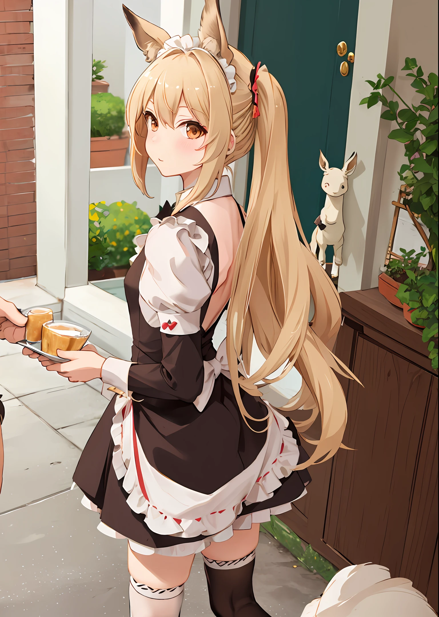 Anime girl in maid outfit serving food to a dog - SeaArt AI