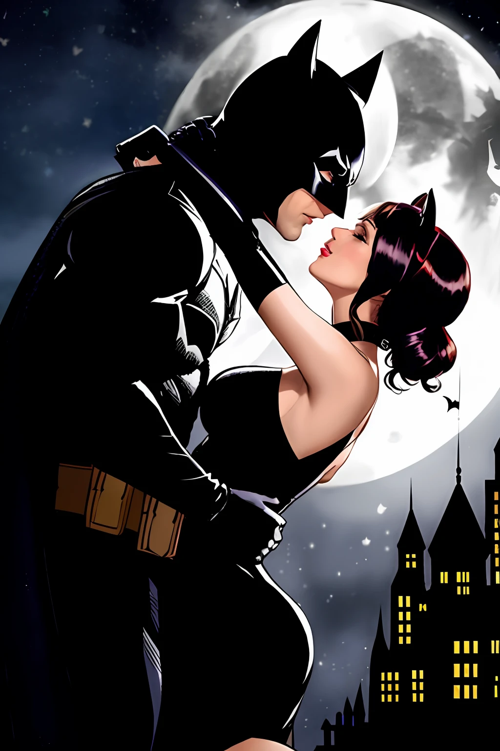 Batman y Catwoman besándose frente a la luna llena. - SeaArt AI