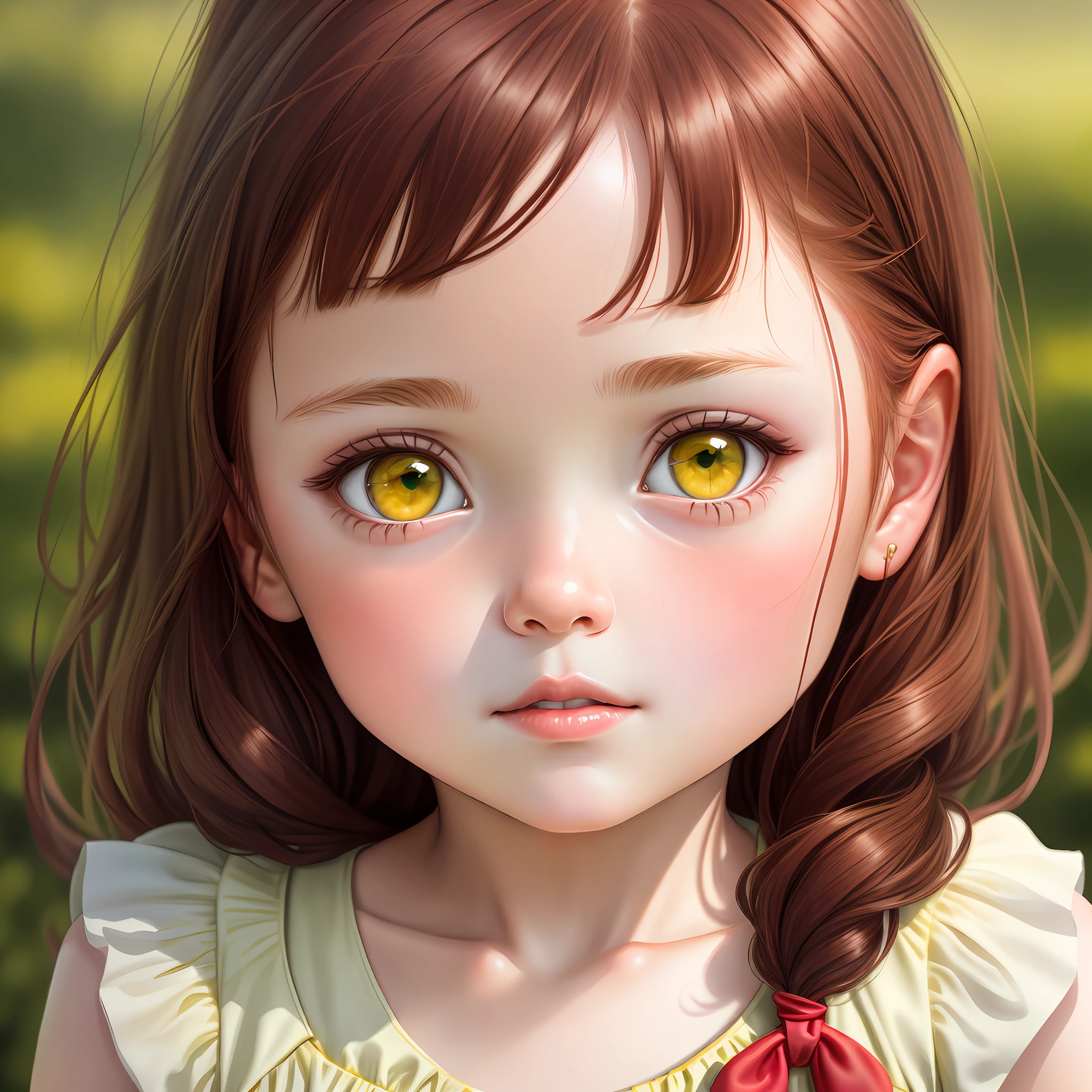 Portrait of a cute girl, 5-6 years old, dark red hair, big yellow-green eyes, plump bow lips, light yellow jumpsuit, realism, watercolor, 4K, High detail