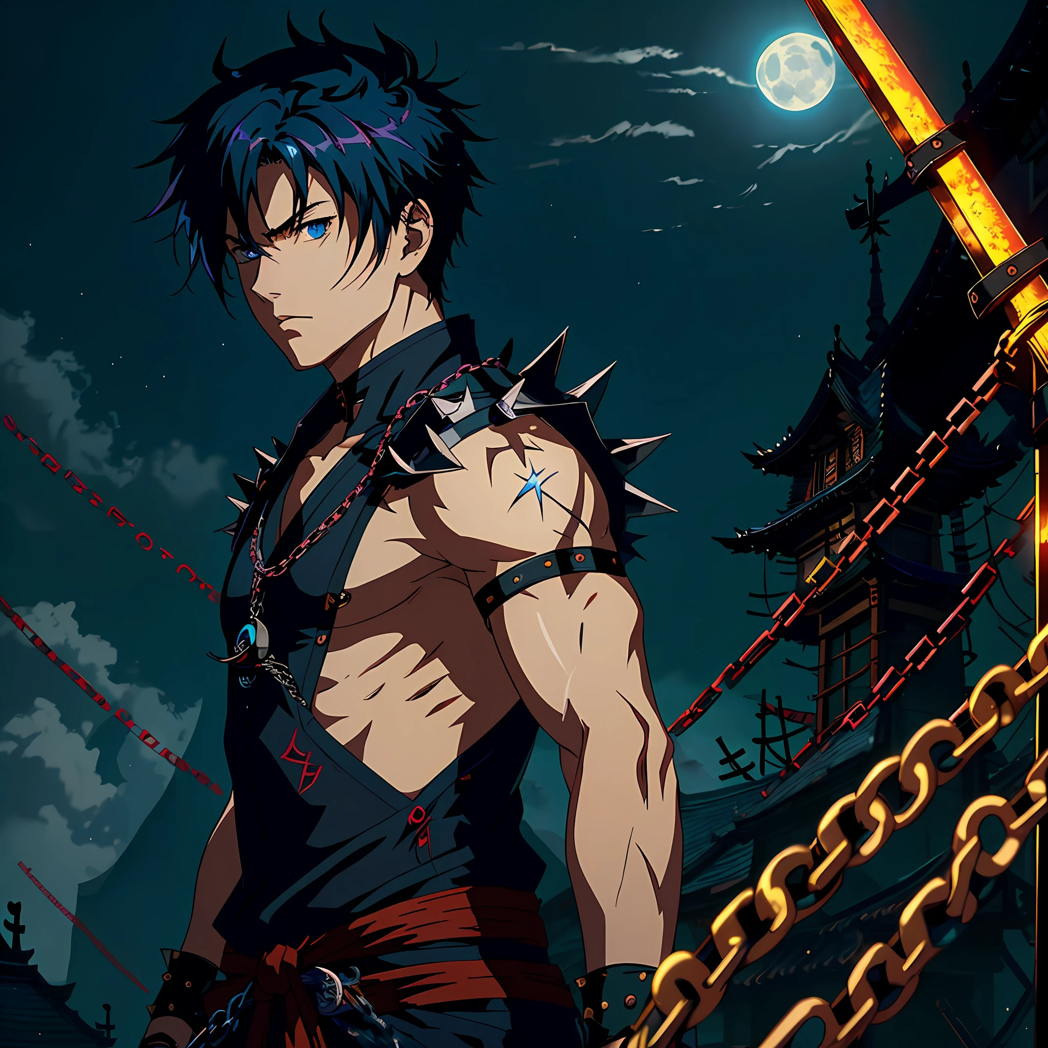 Anime guy with spiked arms and a chain around his neck - SeaArt AI