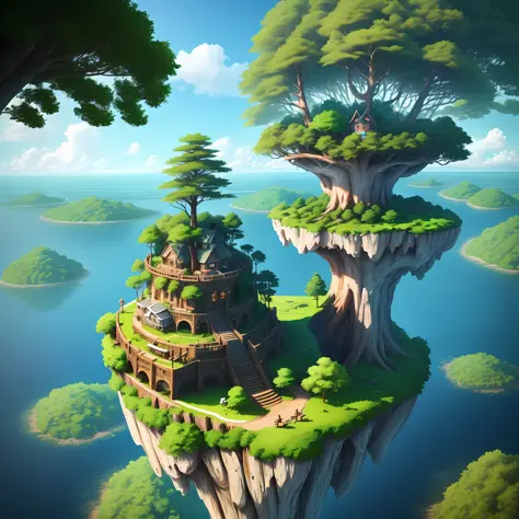 A magical floating island in the middle of a large forest. This island has a small house covered with plants. The sky is bright blue. There are flying boats around the island. The forest has tall trees and a very green grass. Cinema image, hd, 8k, high def...