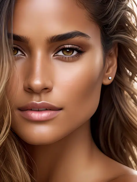 A photorealistic portrait of a stunningly beautiful tanned Brazilian female supermodel with light make-up, photo for the cover o...