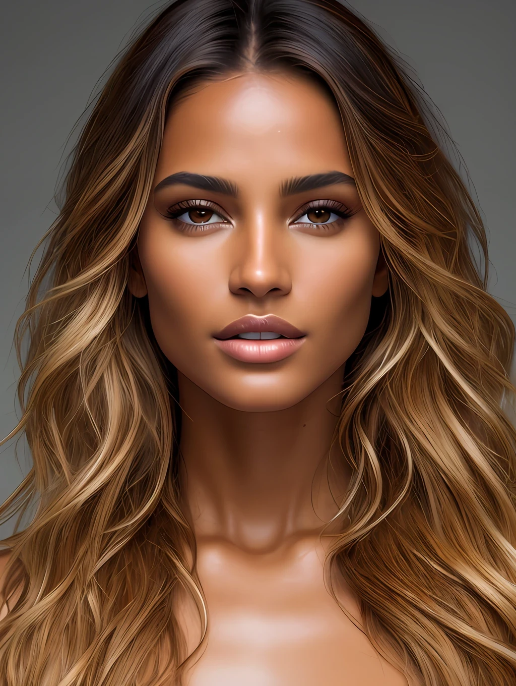 A photorealistic portrait of a stunningly beautiful tanned Brazilian female supermodel with light make-up, photo for the cover of a fashion magazine, extremely detailed light honey eyes, detailed symmetric realistic face, extremely detailed natural texture, peach fuzz, windy messy hair, sexy, masterpiece, absurdres, award winning photo by lee jeffries, nikon d850 film stock photograph, kodak portra 400 camera f1.6 lens, extremely detailed, amazing, fine detail, rich colors, hyper realistic lifelike texture, dramatic lighting, unrealengine, trending on artstation, cinestill 800 tungsten, looking at the viewer, photo realistic, RAW photo, TanvirTamim, high quality, highres, sharp focus, extremely detailed, cinematic lighting, 8k uhd,-imagine-