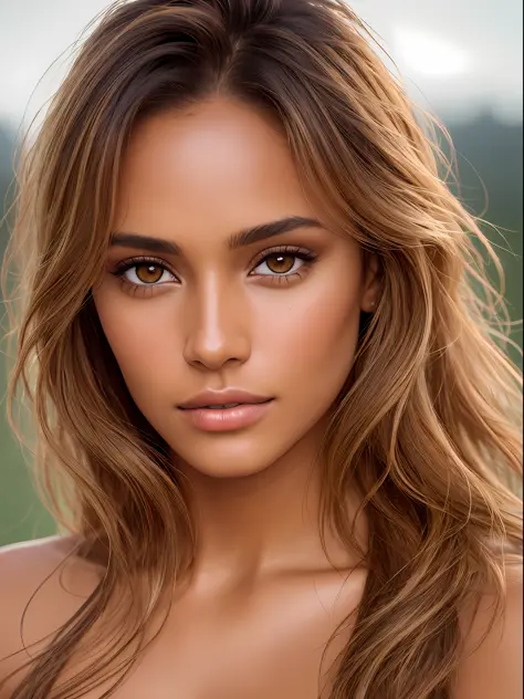 A photorealistic portrait of a stunningly beautiful tanned Brazilian female supermodel with light make-up, photo for the cover of a fashion magazine, extremely detailed light honey eyes, detailed symmetric realistic face, extremely detailed natural texture...