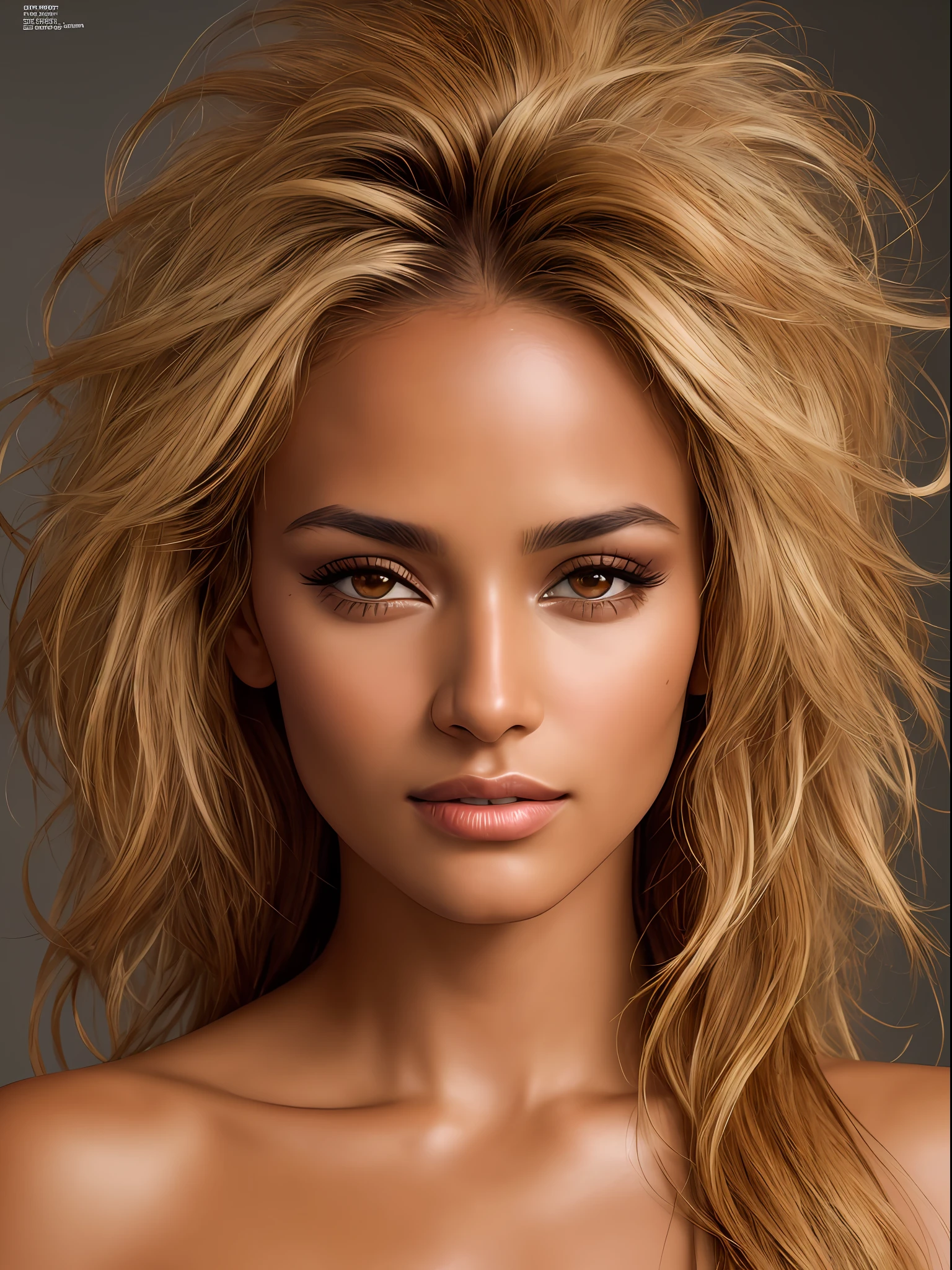 A photorealistic portrait of a stunningly beautiful tanned Brazilian female supermodel with light make-up, photo for the cover of a fashion magazine, extremely detailed light honey eyes, detailed symmetric realistic face, extremely detailed natural texture, peach fuzz, windy messy hair, masterpiece, absurdres, award winning photo by lee jeffries, nikon d850 film stock photograph, kodak portra 400 camera f1.6 lens, extremely detailed, amazing, fine detail, rich colors, hyper realistic lifelike texture, dramatic lighting, unrealengine, trending on artstation, cinestill 800 tungsten, looking at the viewer, photo realistic, RAW photo, TanvirTamim, high quality, highres, sharp focus, extremely detailed, cinematic lighting, 8k uhd,-imagine-