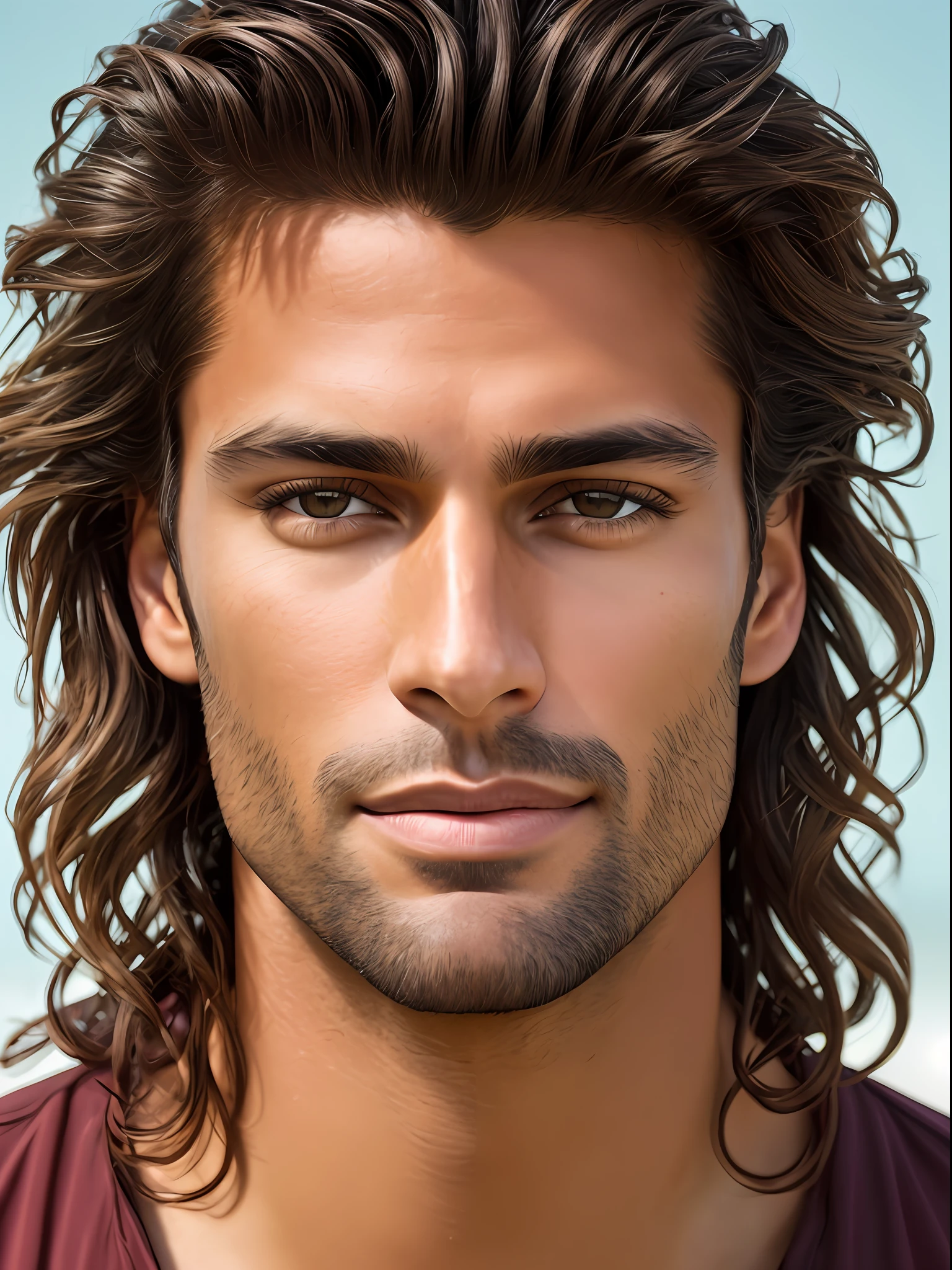 A photorealistic portrait of a stunningly handsome tanned Brazilian male supermodel with no make-up, photo for the cover of a magazine, extremely detailed light honey eyes, detailed symmetric realistic face, extremely detailed natural texture, peach fuzz, windy messy hair, masterpiece, absurdres, award winning photo by lee jeffries, nikon d850 film stock photograph, kodak portra 400 camera f1.6 lens, extremely detailed, amazing, fine detail, rich colors, hyper realistic lifelike texture, dramatic lighting, unrealengine, trending on artstation, cinestill 800 tungsten, looking at the viewer, photo realistic, RAW photo, TanvirTamim, high quality, highres, sharp focus, extremely detailed, cinematic lighting, 8k uhd,-imagine-