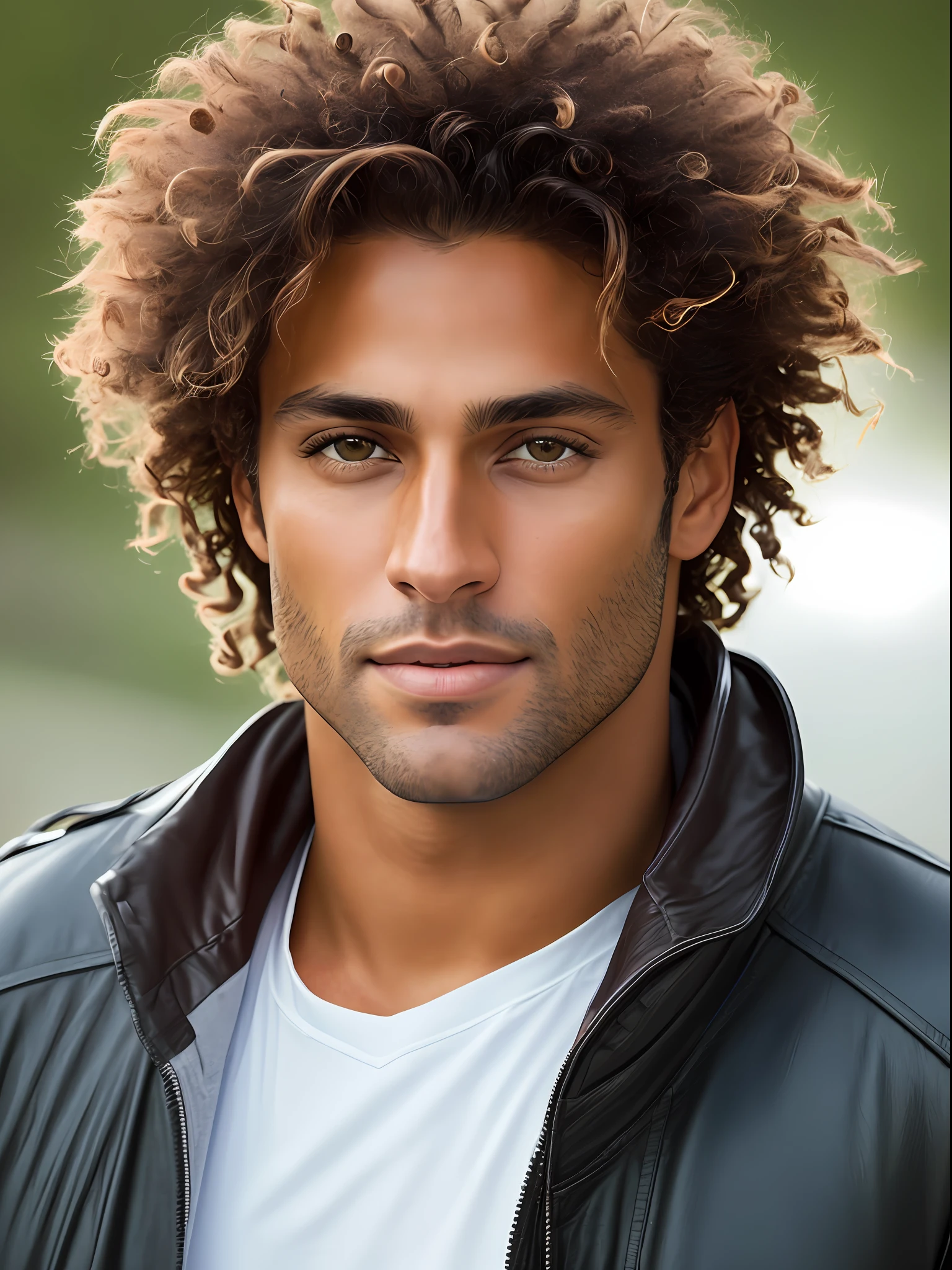 A photorealistic portrait of a stunningly handsome tanned Brazilian male supermodel with no make-up, photo for the cover of a magazine, extremely detailed light honey eyes, detailed symmetric realistic face, extremely detailed natural texture, peach fuzz, windy messy hair, masterpiece, absurdres, award winning photo by lee jeffries, nikon d850 film stock photograph, kodak portra 400 camera f1.6 lens, extremely detailed, amazing, fine detail, rich colors, hyper realistic lifelike texture, dramatic lighting, unrealengine, trending on artstation, cinestill 800 tungsten, looking at the viewer, photo realistic, RAW photo, TanvirTamim, high quality, highres, sharp focus, extremely detailed, cinematic lighting, 8k uhd,-imagine-