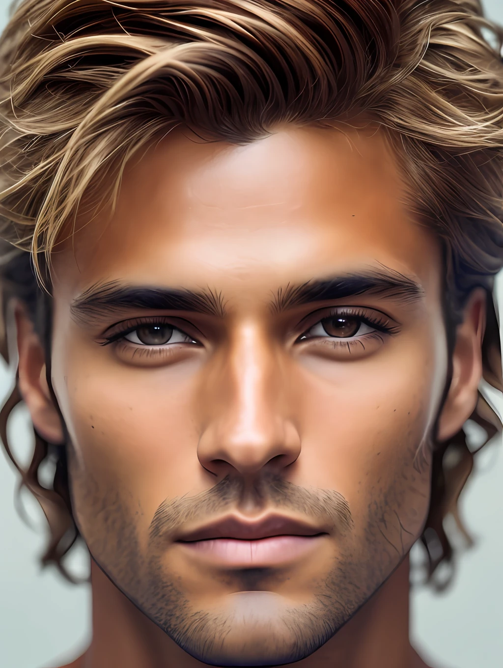 A photorealistic portrait of a stunningly handsome tanned Brazilian male supermodel with no make-up, extremely detailed light honey eyes, detailed symmetric realistic face, extremely detailed natural texture, peach fuzz, windy messy hair, masterpiece, absurdres, award winning photo by lee jeffries, nikon d850 film stock photograph, kodak portra 400 camera f1.6 lens, extremely detailed, amazing, fine detail, rich colors, hyper realistic lifelike texture, dramatic lighting, unrealengine, trending on artstation, cinestill 800 tungsten, looking at the viewer, photo realistic, RAW photo, TanvirTamim, high quality, highres, sharp focus, extremely detailed, cinematic lighting, 8k uhd,-imagine-