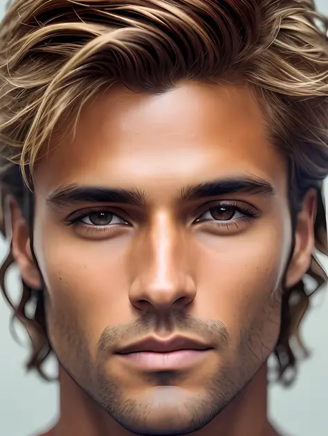 A photorealistic portrait of a stunningly handsome tanned Brazilian male supermodel with no make-up, extremely detailed light honey eyes, detailed symmetric realistic face, extremely detailed natural texture, peach fuzz, windy messy hair, masterpiece, absu...