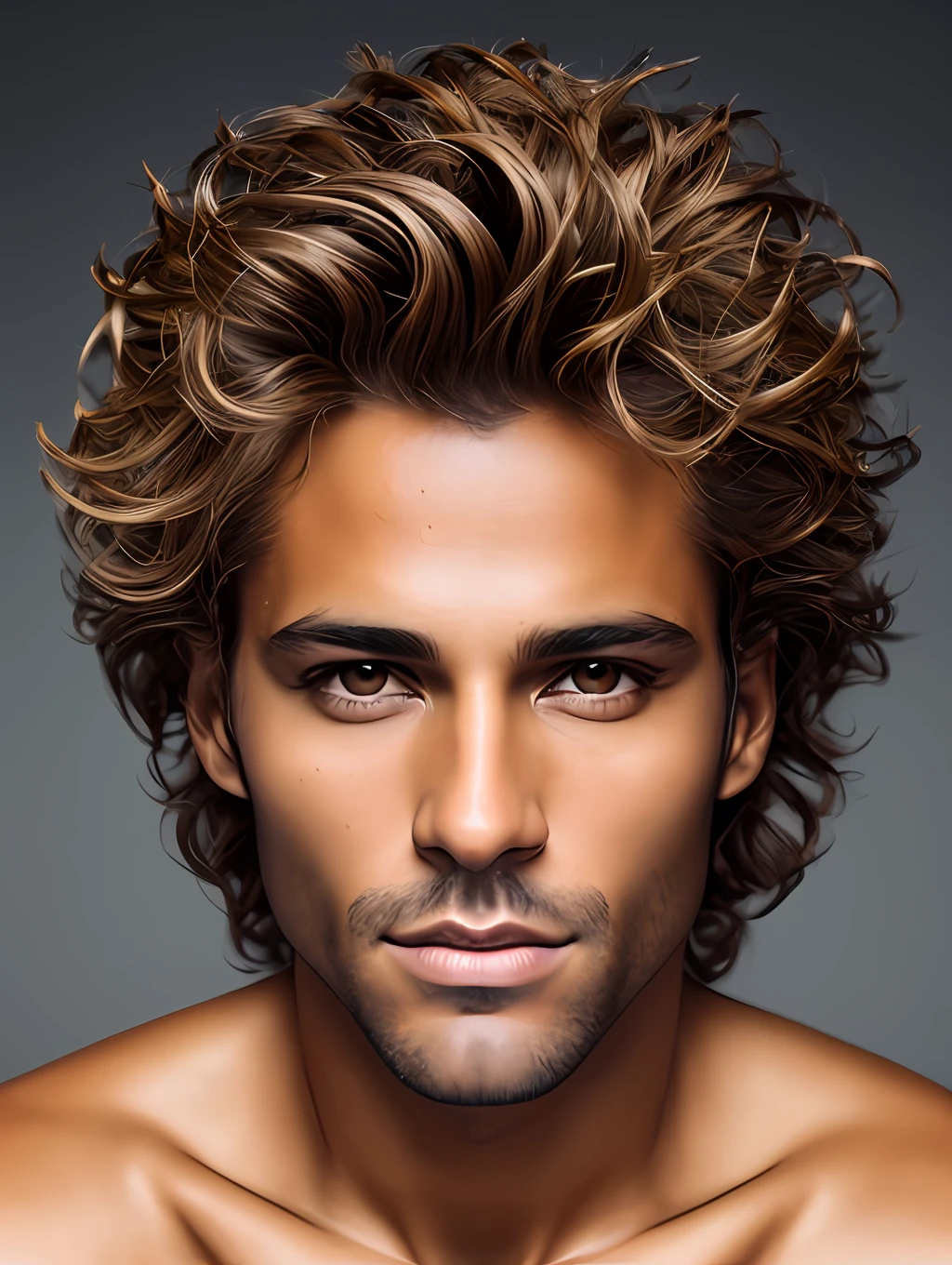 A photorealistic portrait of a stunningly handsome tanned Brazilian male supermodel with no make-up, extremely detailed light honey eyes, detailed symmetric realistic face, extremely detailed natural texture, peach fuzz, windy messy hair, masterpiece, absurdres, award winning photo by lee jeffries, nikon d850 film stock photograph, kodak portra 400 camera f1.6 lens, extremely detailed, amazing, fine detail, rich colors, hyper realistic lifelike texture, dramatic lighting, unrealengine, trending on artstation, cinestill 800 tungsten, looking at the viewer, photo realistic, RAW photo, TanvirTamim, high quality, highres, sharp focus, extremely detailed, cinematic lighting, 8k uhd,-imagine-