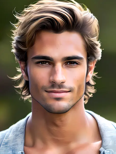 A photorealistic portrait of a stunningly handsome tanned Brazilian male supermodel with no make-up, photo for the cover of a ma...