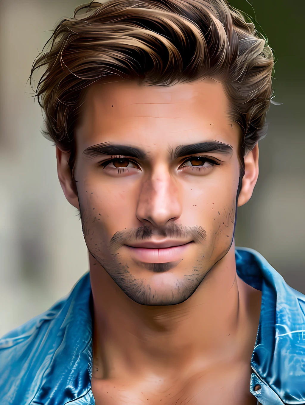 A photorealistic portrait of a stunningly handsome tanned Brazilian male supermodel with no make-up, photo for the cover of a magazine, extremely detailed light honey eyes, detailed symmetric realistic face, extremely detailed natural texture, peach fuzz, windy messy hair, sexy smile, masterpiece, absurdres, award winning photo by lee jeffries, nikon d850 film stock photograph, kodak portra 400 camera f1.6 lens, extremely detailed, amazing, fine detail, rich colors, hyper realistic lifelike texture, dramatic lighting, unrealengine, trending on artstation, cinestill 800 tungsten, looking at the viewer, photo realistic, RAW photo, TanvirTamim, high quality, highres, sharp focus, extremely detailed, cinematic lighting, 8k uhd,-imagine-