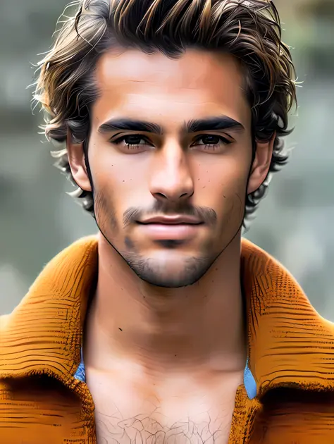 A photorealistic portrait of a stunningly handsome tanned Brazilian male supermodel with no make-up, photo for the cover of a ma...