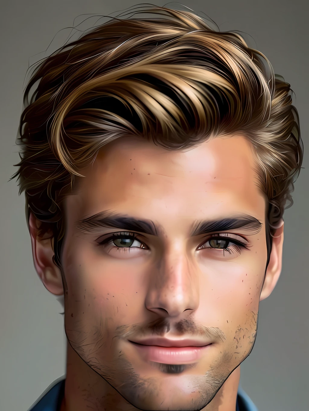 A photorealistic portrait of a stunningly handsome tanned Brazilian male supermodel with no make-up, photo for the cover of a magazine, extremely detailed light honey eyes, detailed symmetric realistic face, extremely detailed natural texture, peach fuzz, windy messy hair, sexy smile, masterpiece, absurdres, award winning photo by lee jeffries, nikon d850 film stock photograph, kodak portra 400 camera f1.6 lens, extremely detailed, amazing, fine detail, rich colors, hyper realistic lifelike texture, dramatic lighting, unrealengine, trending on artstation, cinestill 800 tungsten, looking at the viewer, photo realistic, RAW photo, TanvirTamim, high quality, highres, sharp focus, extremely detailed, cinematic lighting, 8k uhd,-imagine-