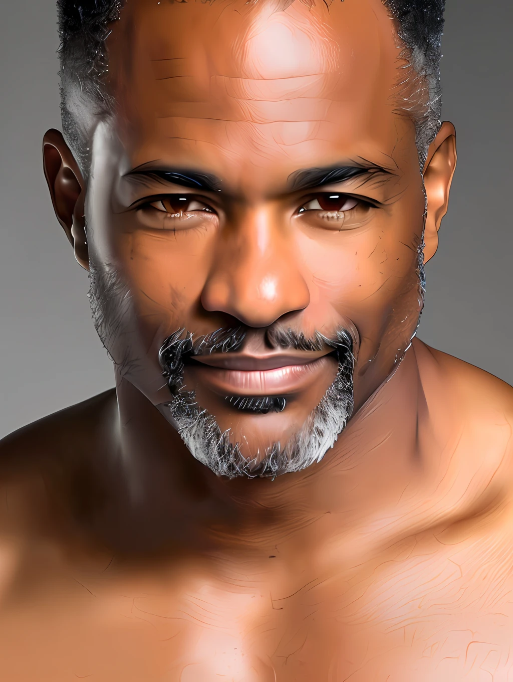 A photorealistic portrait of a black Brazilian very mature male supermodel with no make-up, photo for the cover of a magazine, extremely detailed light honey eyes, detailed symmetric realistic face, extremely detailed natural texture, peach fuzz, no hair, grey beard, sexy smile, masterpiece, absurdres, award winning photo by lee jeffries, nikon d850 film stock photograph, kodak portra 400 camera f1.6 lens, extremely detailed, amazing, fine detail, rich colors, hyper realistic lifelike texture, dramatic lighting, unrealengine, trending on artstation, cinestill 800 tungsten, looking at the viewer, photo realistic, RAW photo, TanvirTamim, high quality, highres, sharp focus, extremely detailed, cinematic lighting, 8k uhd,-imagine-