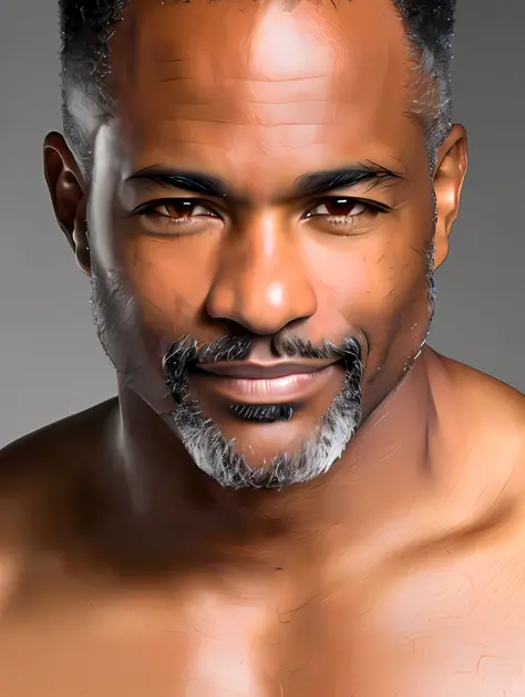 A photorealistic portrait of a black Brazilian very mature male supermodel with no make-up, photo for the cover of a magazine, e...