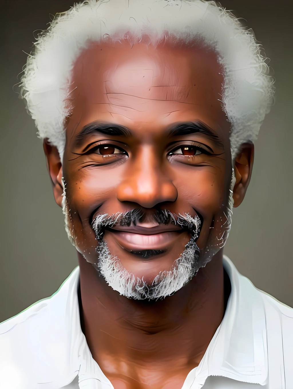 A photorealistic portrait of a black Brazilian very mature male supermodel with no make-up, photo for the cover of a magazine, extremely detailed light honey eyes, detailed symmetric realistic face, extremely detailed natural texture, peach fuzz, no hair, grey beard, sexy smile, masterpiece, absurdres, award winning photo by lee jeffries, nikon d850 film stock photograph, kodak portra 400 camera f1.6 lens, extremely detailed, amazing, fine detail, rich colors, hyper realistic lifelike texture, dramatic lighting, unrealengine, trending on artstation, cinestill 800 tungsten, looking at the viewer, photo realistic, RAW photo, TanvirTamim, high quality, highres, sharp focus, extremely detailed, cinematic lighting, 8k uhd,-imagine-