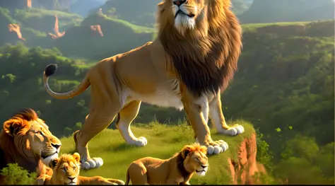 there are many lions that are sitting on a cliff, realistic scene, lions, the lion king, aslan the lion, 3 d render and matte painting, king of the jungle, simba, lord of the jungle, key art, a hyper realistic, movie promotional image, official art, 3 d an...