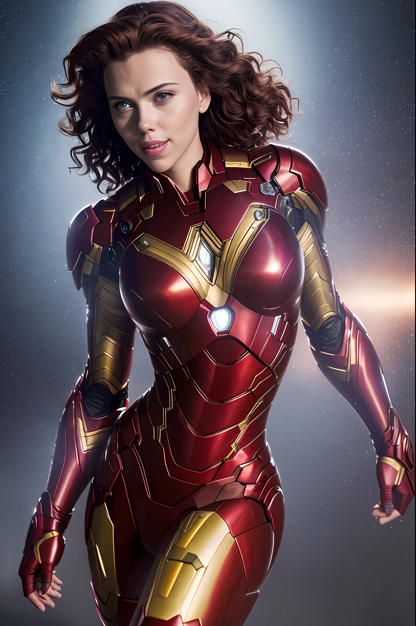 sexy Scarlett Johansson woman in Iron Man suit, Night, soft lighting, dynamic angle, realistic lighting, smiling, happy, Wonder Woman movie scene background, photo by Brooke DiDonato, (natural skin texture, hyperrealism, soft light, sharp :1.2), (intricate details:1.12), hdr masterpiece, best quality, (highly detailed photo:1.1), 8k, photorealistic, (SFW),