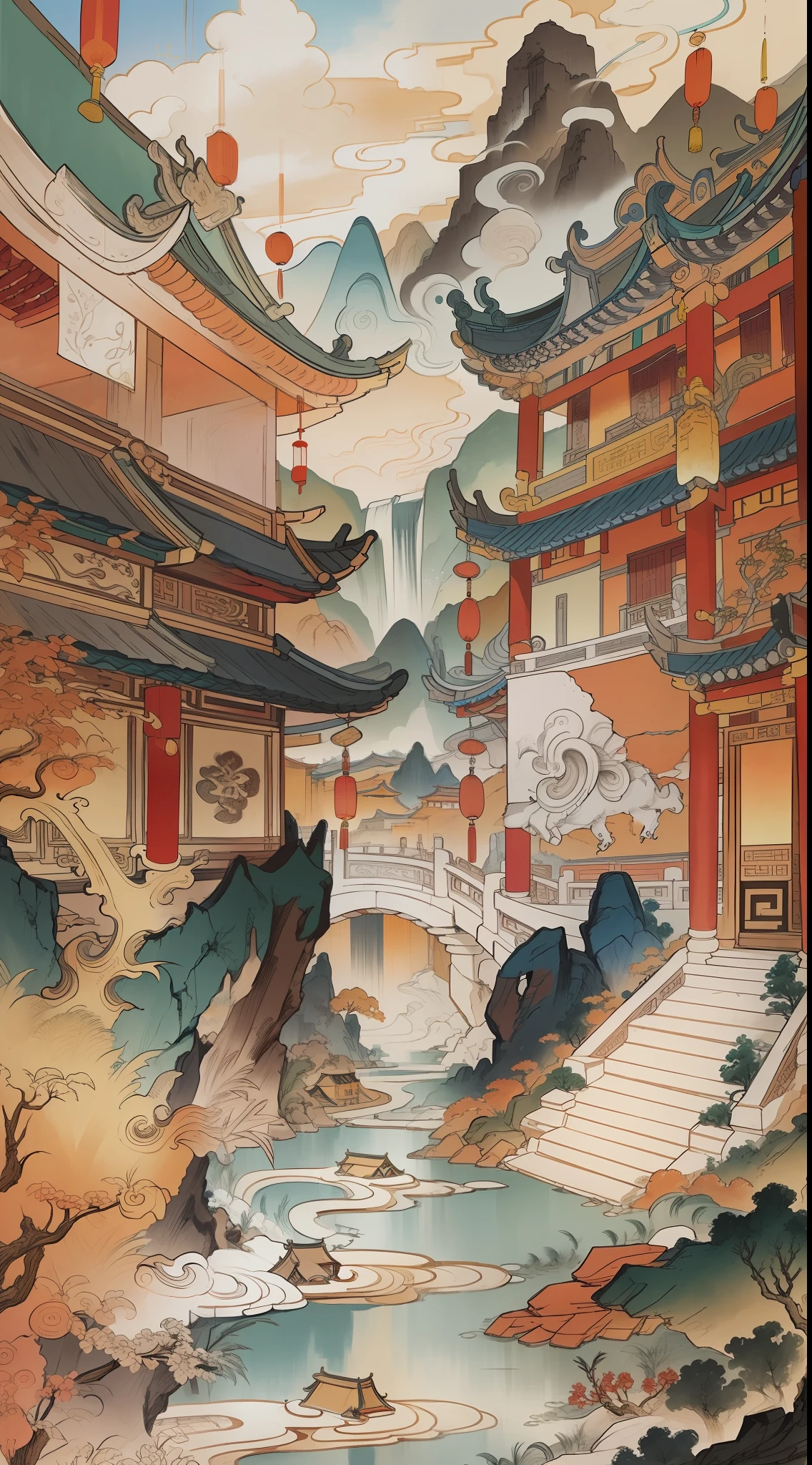 Ancient Chinese landscapes, ancient buildings, pavilions, carved beams and painted buildings, beautiful mountains and rivers, inspired by Jin Yong martial arts, sunlight, ink painting style, clean colors, decisive cutting, blank space, freehand, masterpiece, super detailed, epic composition, high quality , highest quality, pixar style, oversaturated, surreal, artgerm --v 6