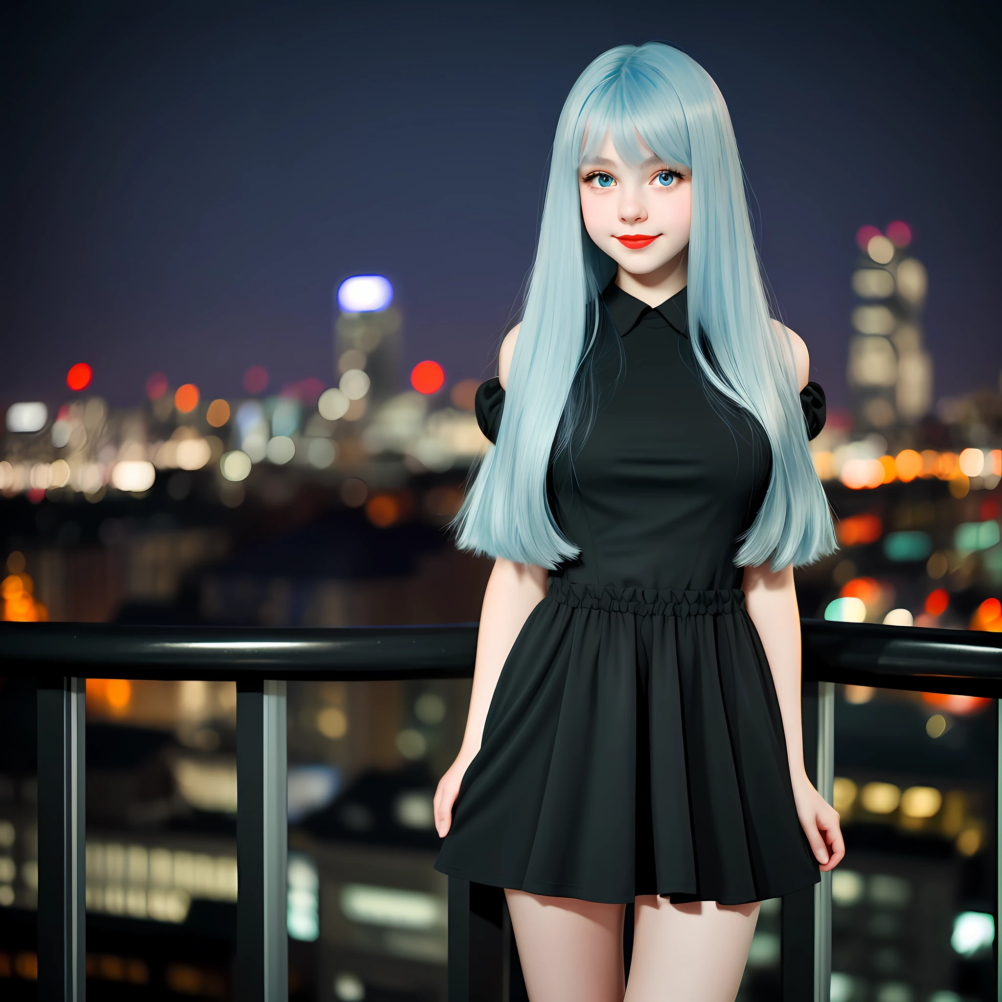 16-year-old girl, beautiful and realistic with long straight light blue hair up to the waist, large blue eyes together horizontally to the nose, rosy cheeks and red lipstick, with breasts not too big and not too small all covered, cute, wearing a black dress up to the knees. Photo taken with an 18 mm lens at f/1.5, with 100 K resolution and on a blurry background of a city at night full of illuminated buildings