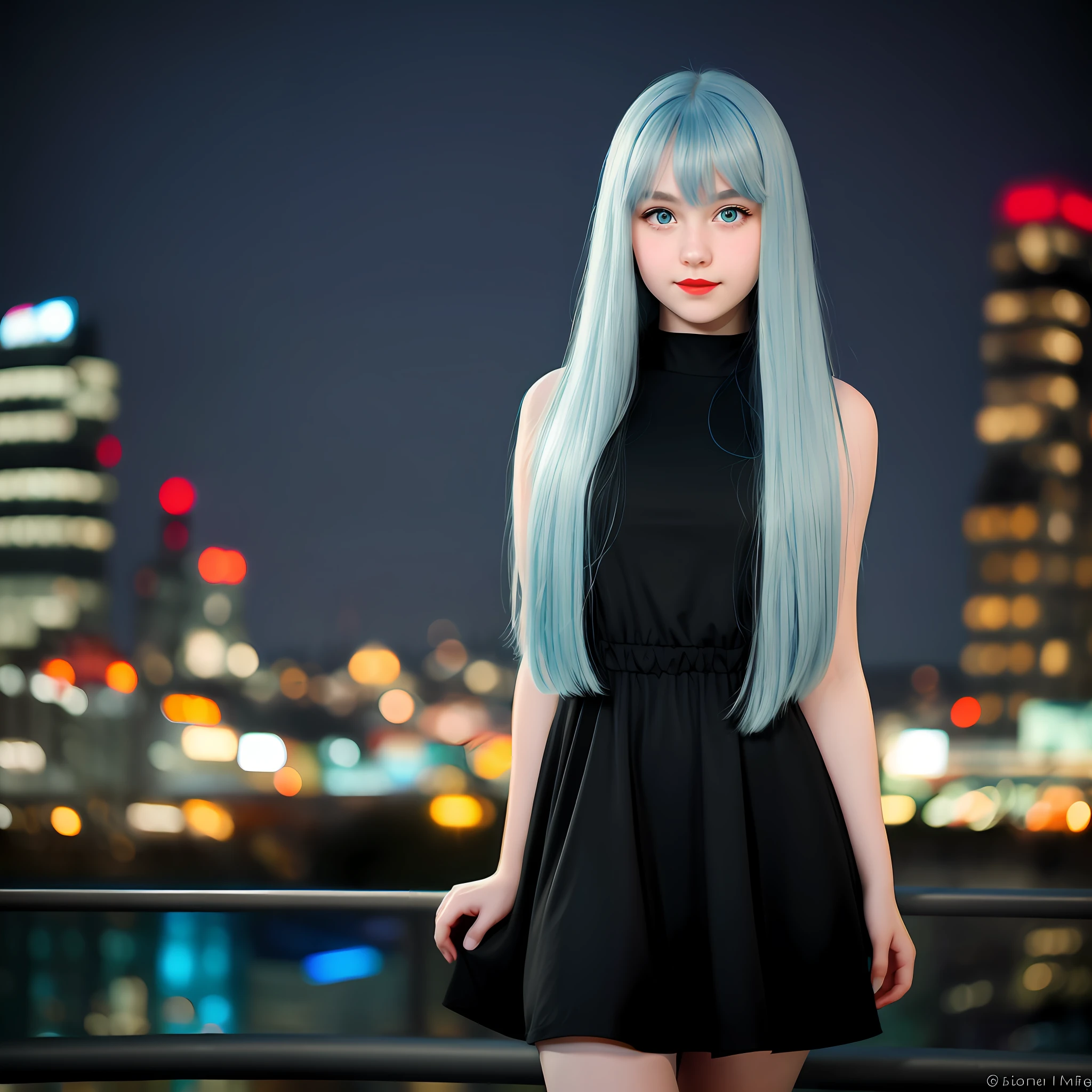 16-year-old girl, beautiful and realistic with long straight light blue hair up to the waist, large blue eyes together horizontally to the nose, rosy cheeks and red lipstick, with breasts not too big and not too small all covered, cute, wearing a black dress up to the knees. Photo taken with an 18 mm lens at f/1.5, with 100 K resolution and on a blurry background of a city at night full of illuminated buildings