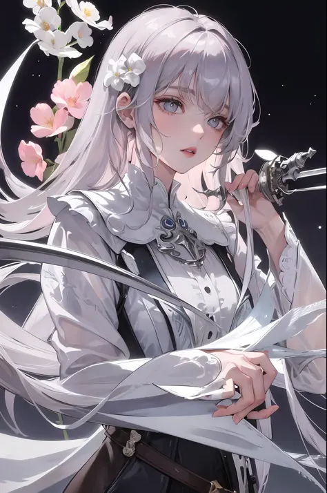 masterpiece, finest, night, full moon, one girl, mature woman, sister, silver white long haired woman, light pink lips, gentle, intelligent, three band, gray student, assassin, dagger, flower