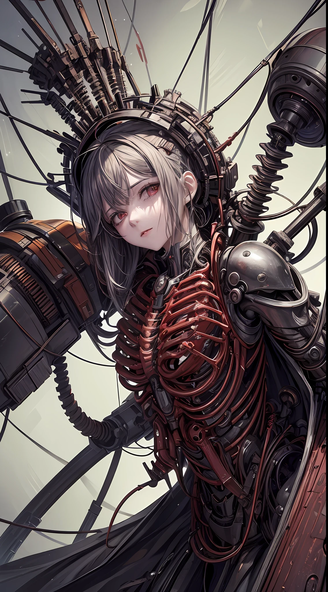 (((Masterpiece))), ((Best Quality)), (Super Detail), (CG Illustration), (Very Evil and Beautiful)), Cinematic Light, ((1 Mechanical Girl)), Single, (Mechanical Art: 1.4), ((Mechanical limb)), (Blood vessel attached to a tube), ((Mechanical spine attached to the back)), ((Mechanical cervical vertebrae attached to the neck), (Back to the viewer)), expressionless, ( wires and cables attached to the head and body: 1.5), Science Fiction, Apocalypse, Ruins, (Lower Body Integrated with Mechanical Devices), (Blood: 1.5), Cruelty, Absurdity, Eroglotesque, Fusion with Machines, Doomsday Time, Super Future, Inorganic, Laboratory, Restraints