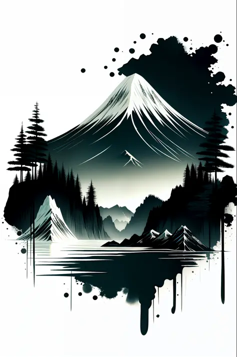 white background, landscape, ink, mountain, water, trees, sun