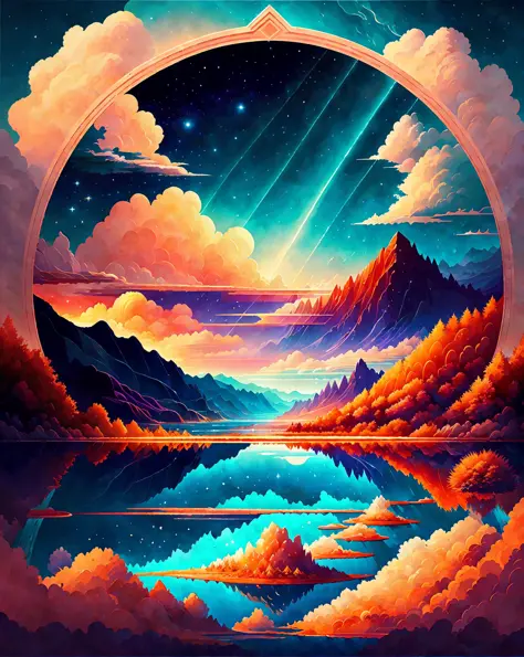 A beautiful land full of water and and clouds, astrophotogr,masterpiece, expert, insanely detailed, 4k, composition, centered, painted, intricate, volumetric lighting, beautiful, rich deep color masterpiece, sharp focus, ultra detailed, no dan mumford and ...