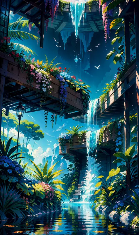 Wallpaper, fantasy hanging garden, blue sky, floating flower sea, colorful flowers. Crystal fountain, HD detail, hyper-detail, cinematic, surrealism, soft light, deep field focus bokeh, ray tracing, diffuse (ultra-fine glass reflections), and hyperrealism....