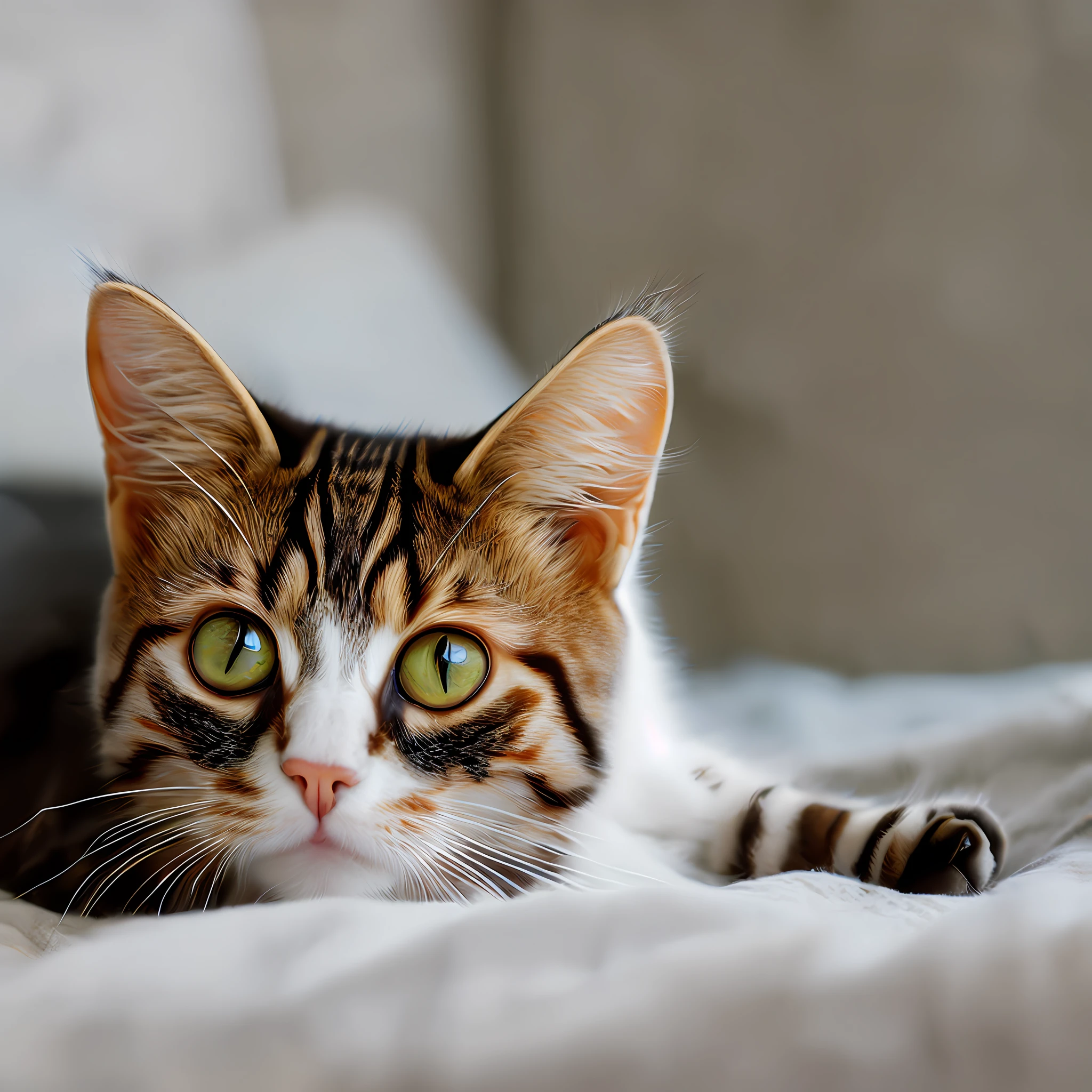 A cat lying on a blanket in bed