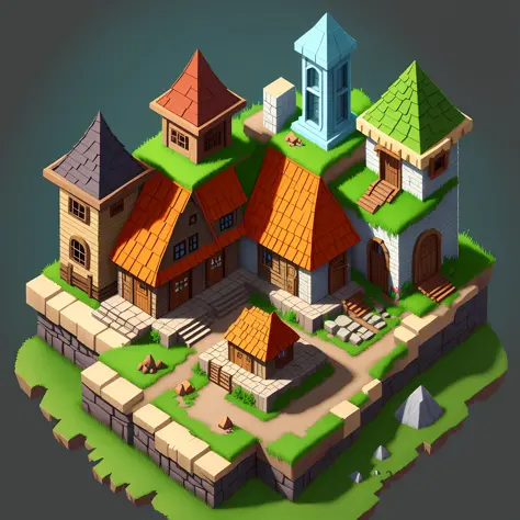 Isometric house, RPG style, cartoon, DnD, fantasy, mobile game, primitive man, animal bone, stone, wood