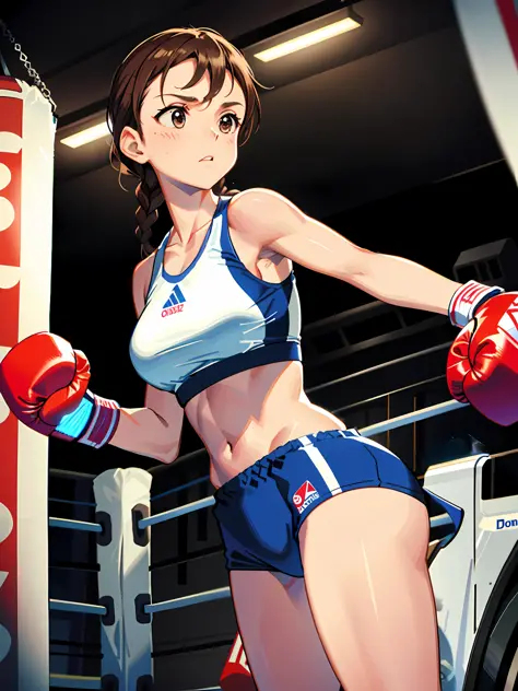 Mature female boxer、Ponytail with black hair、Brown-skinned