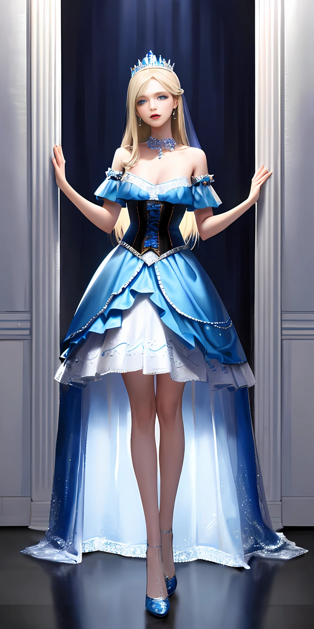 [blue:aqua:0.65] theme, masterpiece, a girl's masterpiece, detailed visual art, blue eyes, light blonde hair, long hair, collarbone, royal princess, elegant, gorgeous quinceanera corset, corset piercing, detailed layered skirt, [detailed frills: 0.1], [frilled dress: 0.1], embroidery, [details princess dress: 0.1], off-the-shoulder, big breasts: 1.3, open crotch, thigh seam, garter belt, groin, [NSFW| uncensored], (simple background: 1.1), low-winged, full-body