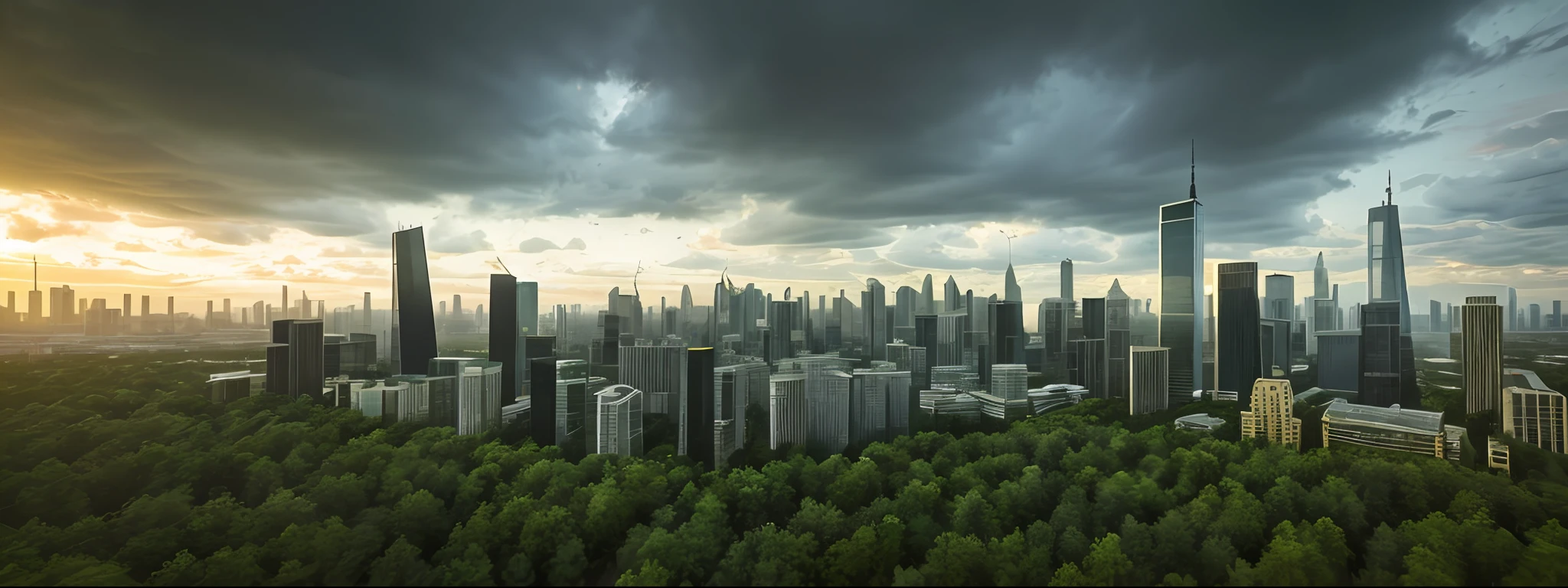 Abandoned, uninhabited, skyscrapers that have become one with the green forest, Abandoned, uninhabited, skyscrapers that have become one with the green forest. Photo taken during the golden hour and overcast black, ((photorealism)), cinematic landscape scene, 8k,