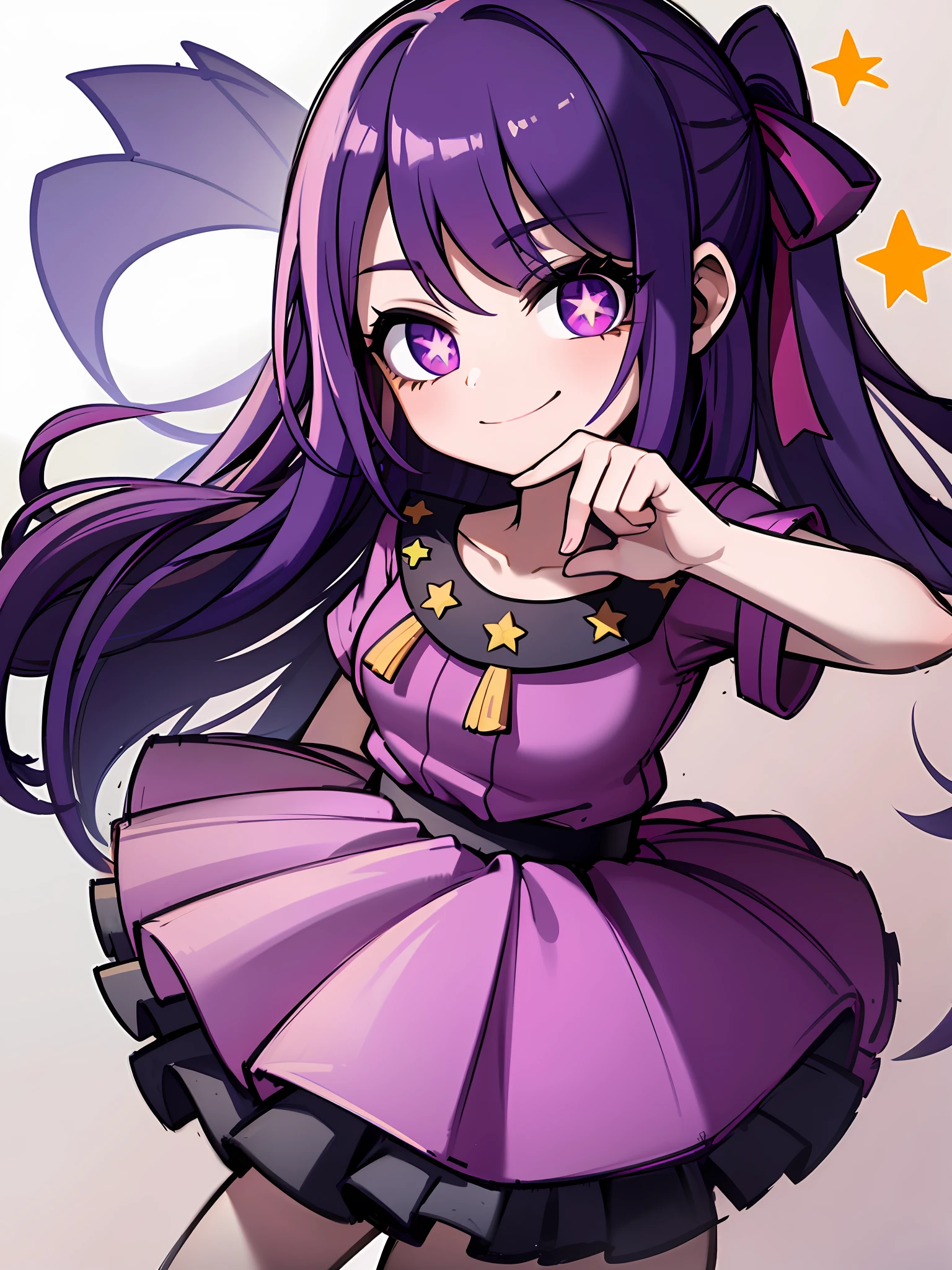 best quality, masterpiece, solo, 1girl, chibi: 0.6), sticker, emoji, cute, white background, (best quality: 1.4, masterpiece, 4k, detail), love Hoshino, long hair, purple hair, striped hair, purple eyes, star pupils, hair accessories, smile, sparkling, extremely detailed eyes, glowing eyes,