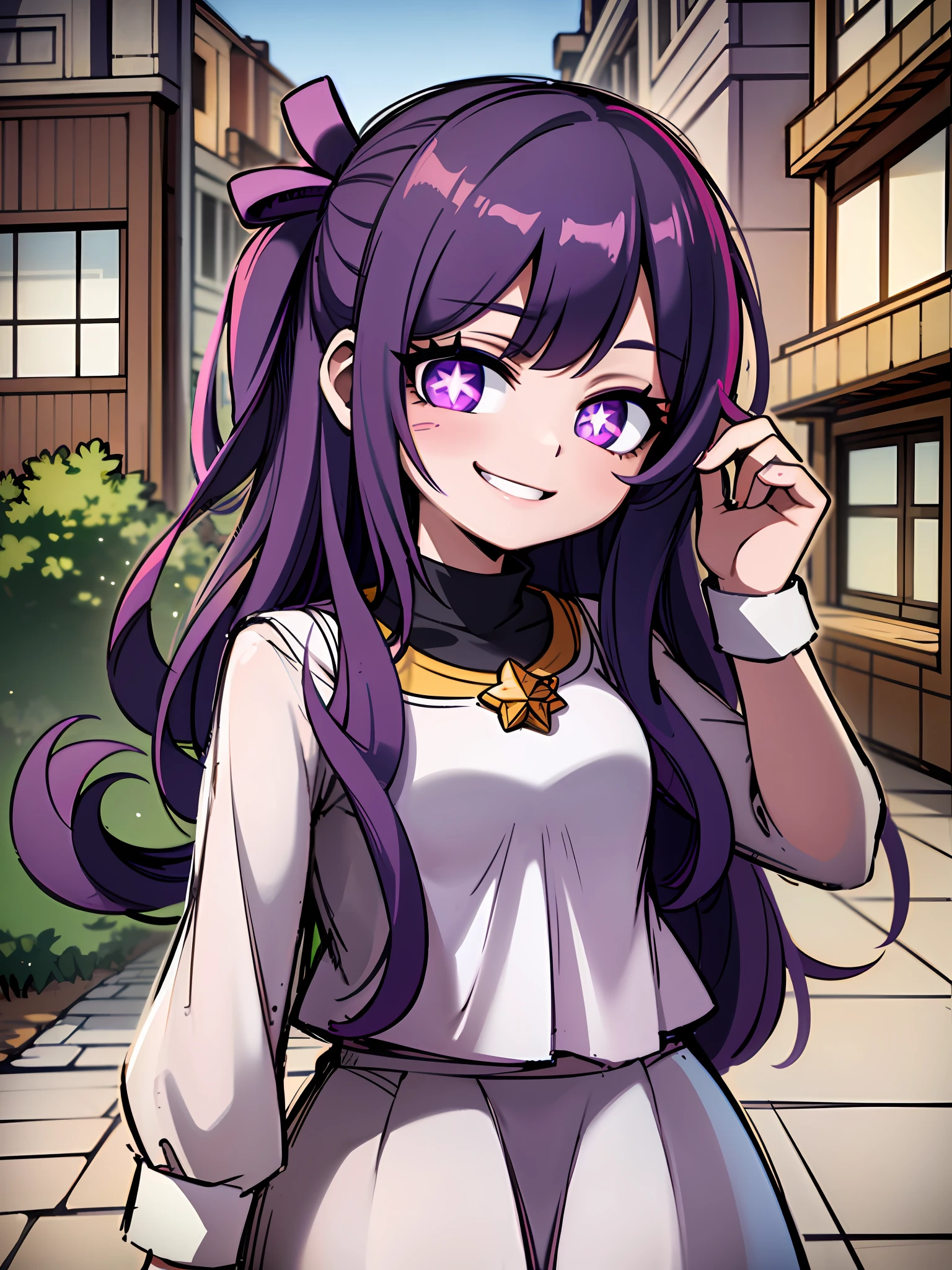 best quality, masterpiece, solo, 1girl, chibi: 0.6), sticker, emoji, cute, white background, (best quality: 1.4, masterpiece, 4k, detail), love Hoshino, long hair, purple hair, striped hair, purple eyes, star pupils, hair accessories, smile, sparkling, extremely detailed eyes, glowing eyes,