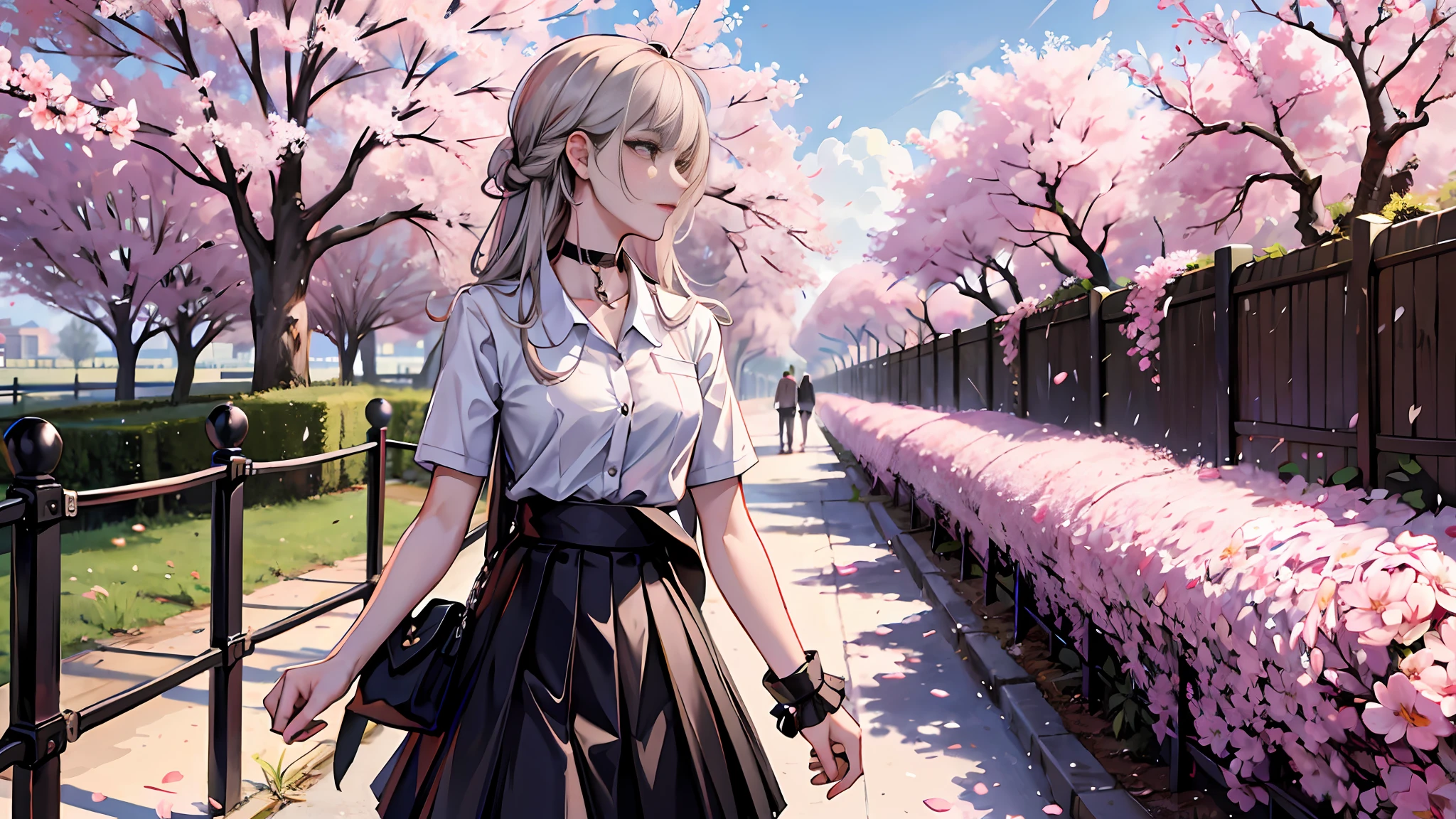 masterpiece, best quality,
1girl, black skirt, branch, building, chain-link fence, cherry blossoms, fence, long hair, outdoors, petals, pleated skirt, rain, shirt, short sleeves, skirt, solo, standing, tree,
sky,street