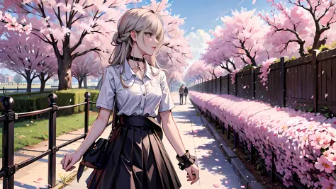 masterpiece, best quality,
1girl, black skirt, branch, building, chain-link fence, cherry blossoms, fence, long hair, outdoors, ...