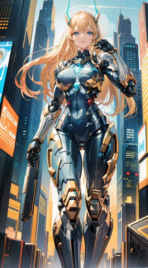 blond haired woman in futuristic suit standing in a city, girl in mecha cyber armor, artgerm julie bell beeple, mermaid cyborg w...