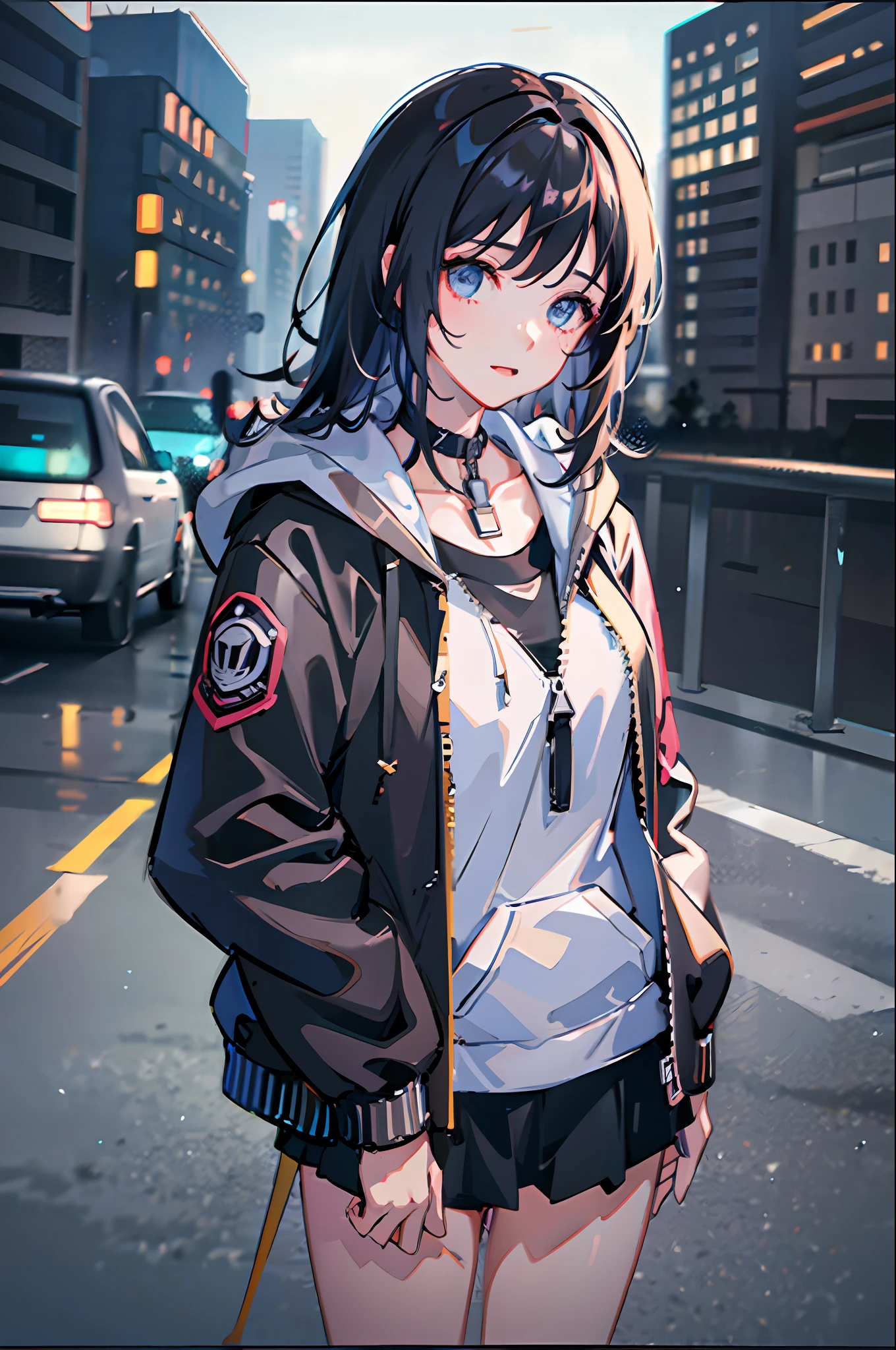 1girl, jacket, rain, outdoor, hoodie, open jacket, chain, backpack, looking at another, messy hair, trending on artstation, 8k resolution, highly detailed, anatomically correct, sharp image, digital painting, concept art, trending on pixiv, style of makoto shinkai,