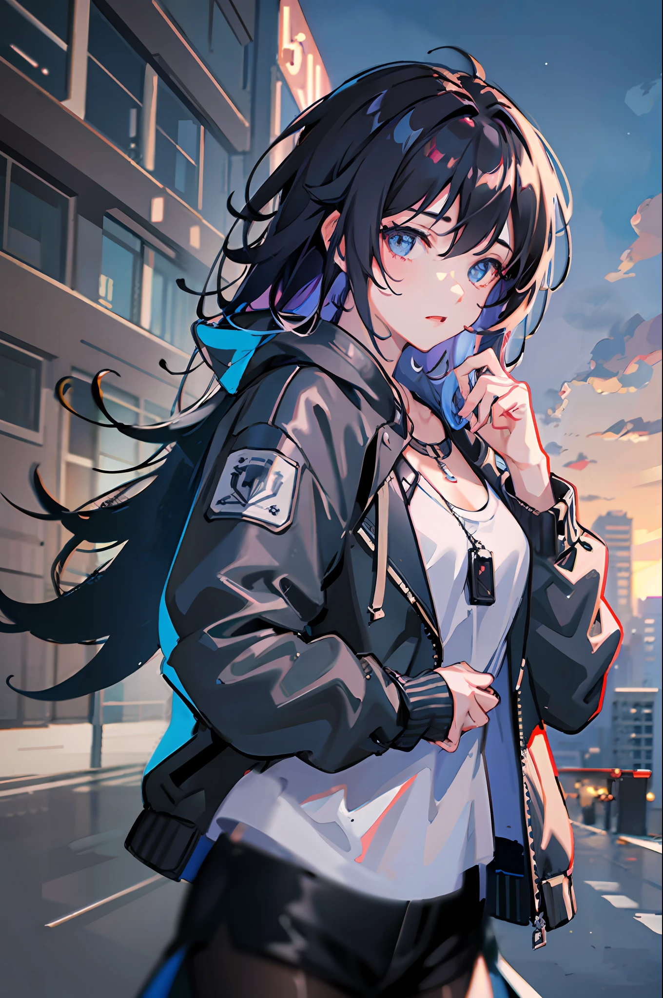 1girl, jacket, rain, outdoor, hoodie, open jacket, chain, backpack, looking at another, messy hair, trending on artstation, 8k resolution, highly detailed, anatomically correct, sharp image, digital painting, concept art, trending on pixiv, style of makoto shinkai,