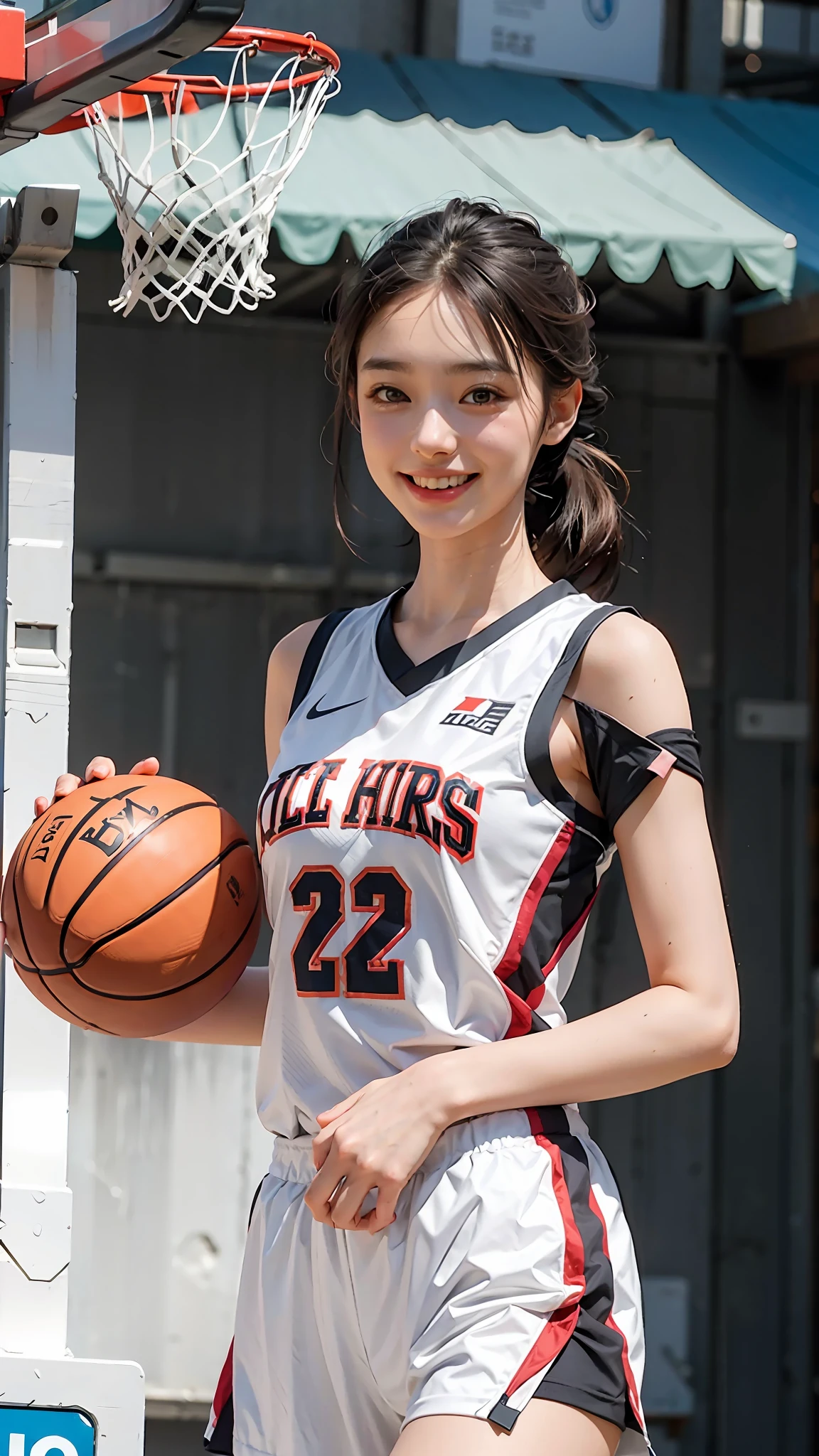 Girl in white basketball uniform, tall and smiling - SeaArt AI